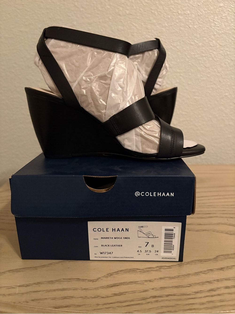 Cole Haan Black Leather Strappy Wedge Sandals with Ankle Buckle - Picture 5 of 5